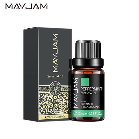 MayJam peppermint essential oil bottle and packaging on a white background