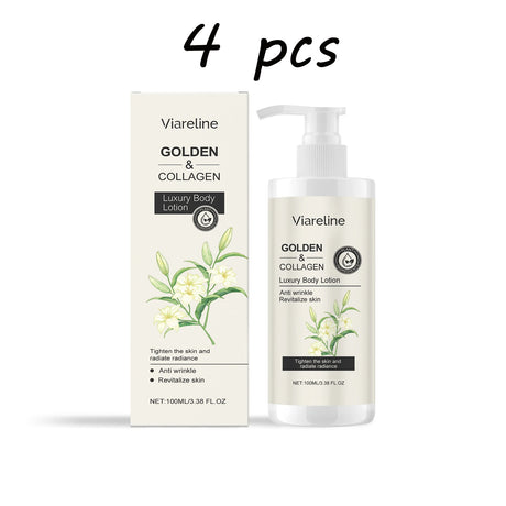 Viareline Golden & Collagen body lotion with packaging on a white background