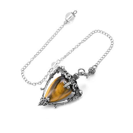 Silver bracelet with a teardrop-shaped tiger's eye stone on a white background