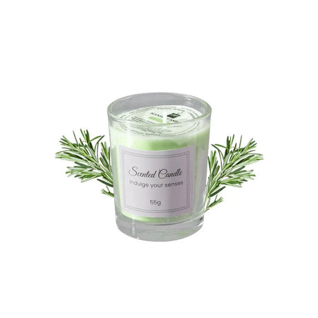 Scented candle with rosemary sprigs on a white background