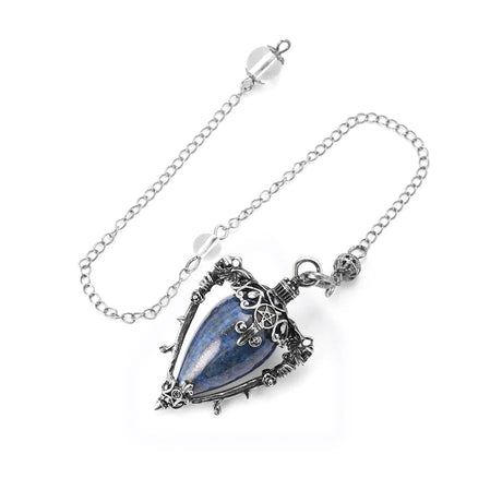 Silver necklace with a blue stone pendant on a white background