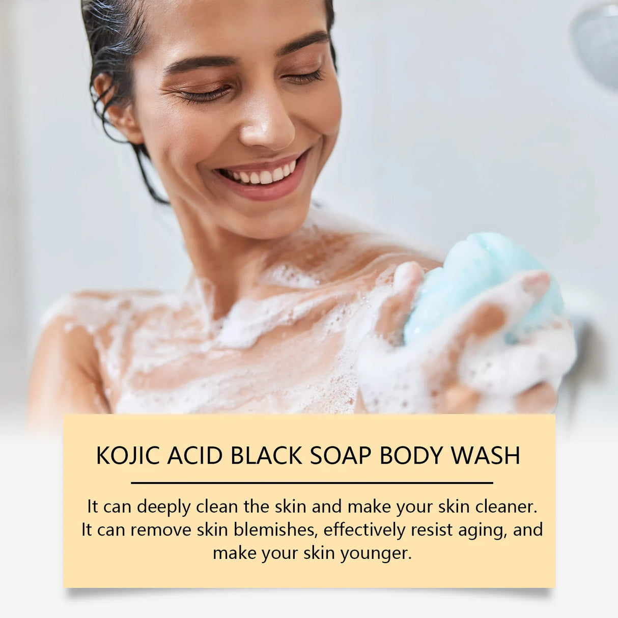 Woman in a bathtub with soap bubbles and text about Kojic Acid Black Soap Body Wash.