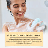 Woman in a bathtub with soap bubbles and text about Kojic Acid Black Soap Body Wash.