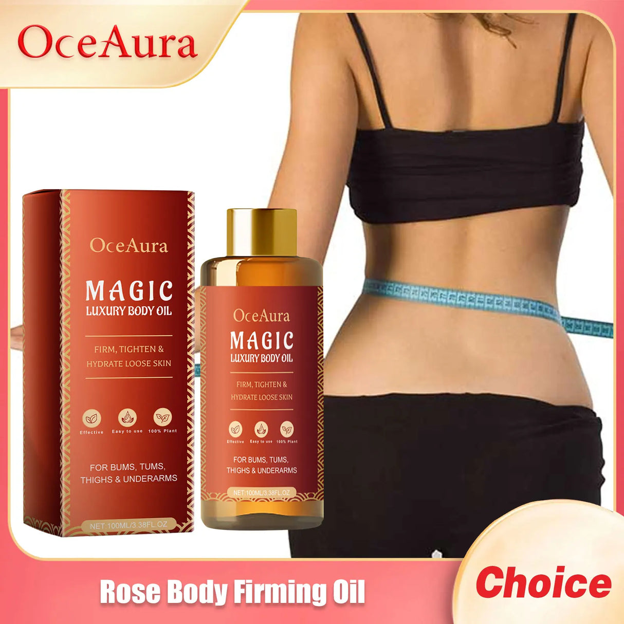 OceAura Magic Luxury Body Oil with packaging and a woman in black underwear, showing a toned abdomen.