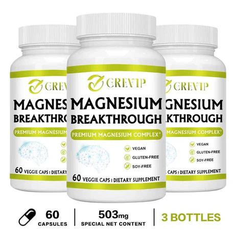 Three bottles of GREXIP Magnesium Breakthrough supplement on a white background