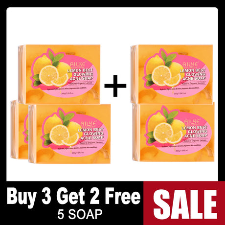 Four packs of Ailye Lemon Best Glowing Acne Soap with a 'Buy 3 Get 2 Free' sale label.