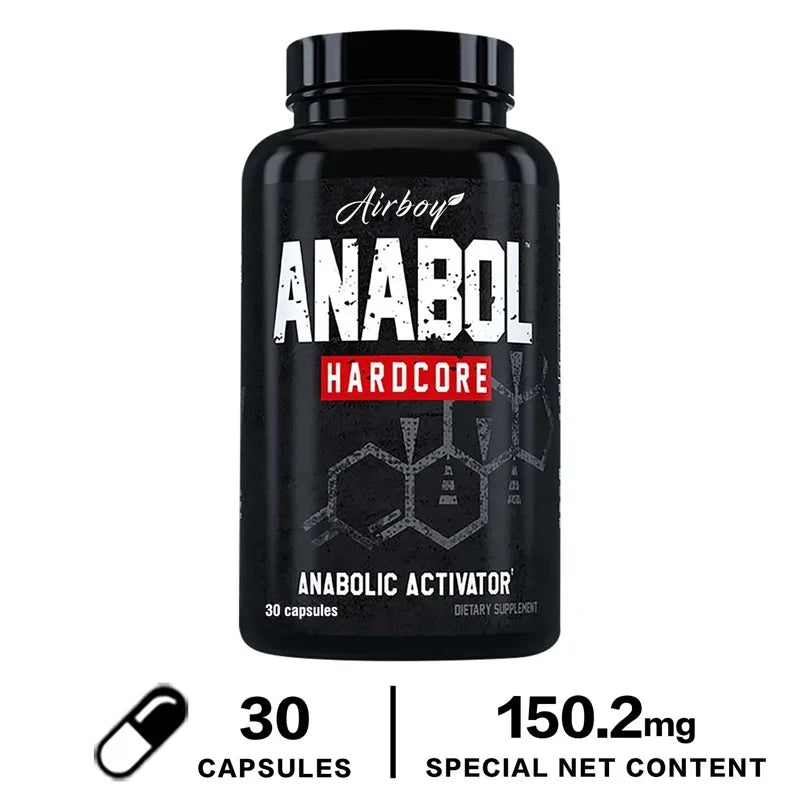 Black supplement bottle labeled 'Anabol Hardcore' by Airboy on a white background