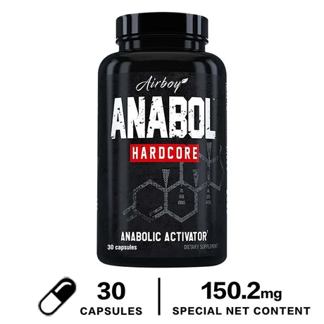 Black supplement bottle labeled 'Anabol Hardcore' by Airboy on a white background