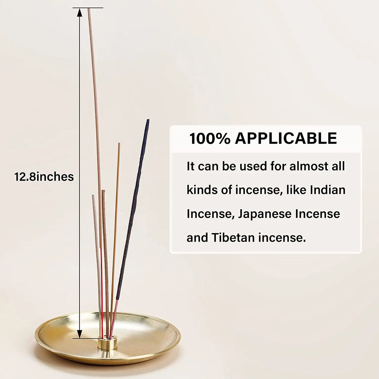 Incense holder with incense sticks on a beige background, featuring text about the product's versatility.