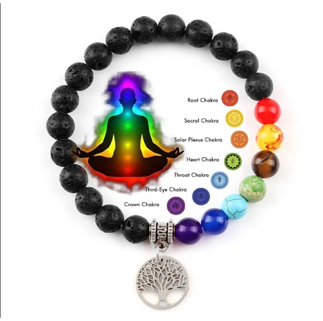 Chakra bracelet with black beads and tree of life charm on a white background