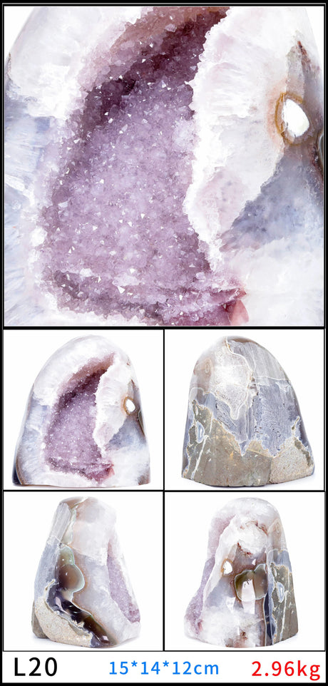 Geode with crystal formation and cut pieces on a white background