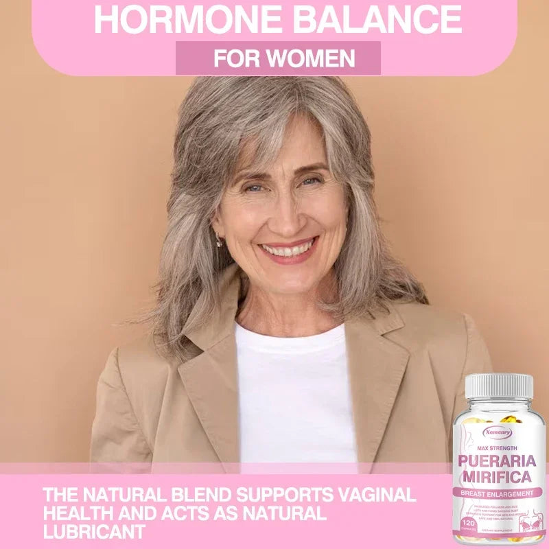 Woman with gray hair wearing a beige blazer, standing next to a bottle labeled 'Pueraria Mirifica' on a pink and beige background.