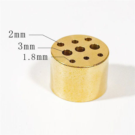 Gold cylindrical component with holes of different sizes labeled on a white background