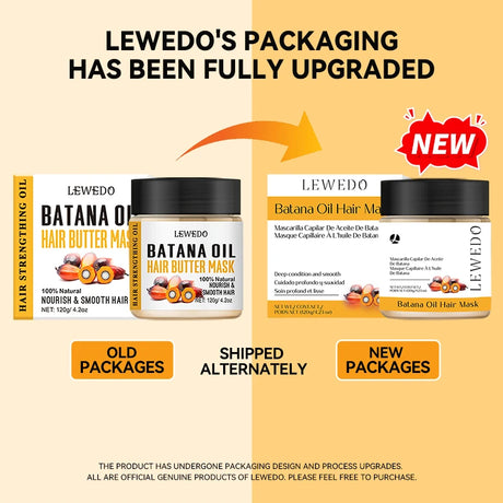 Comparison of old and new Lewedo Batana Oil Hair Butter Mask packaging on a beige background.
