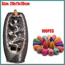 Incense burner with decorative design and a set of colorful incense cones on a white background.