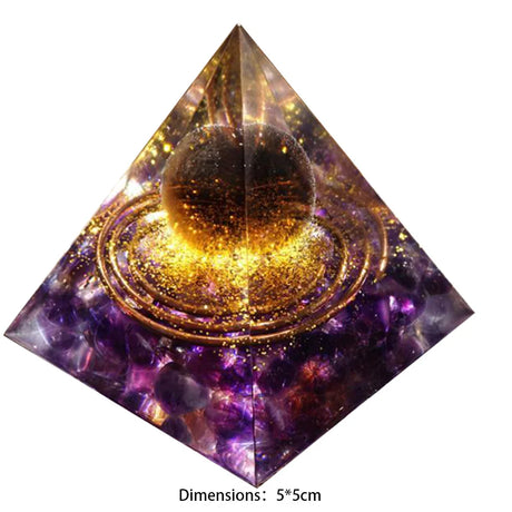 Pyramid-shaped object with a central sphere, purple and gold colors, on a white background