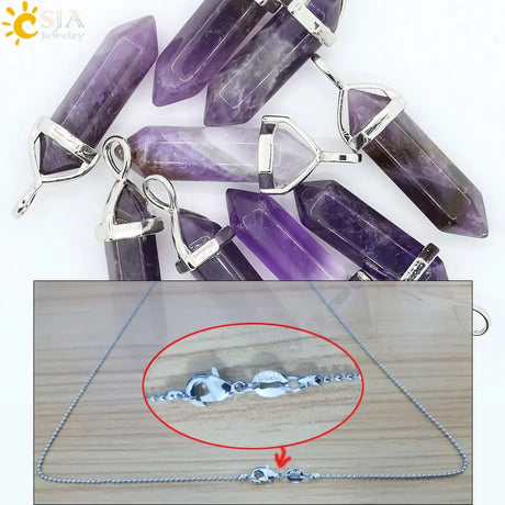 Amethyst crystal pendants with silver necklaces on a white background