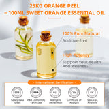 Bottle of sweet orange essential oil with certification logos on a light background