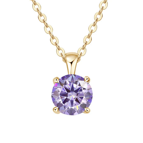 Gold necklace with a purple gemstone pendant on a white background