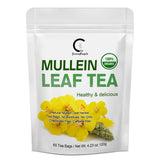 Package of Mullein Leaf Tea with yellow flowers and green text on a white background