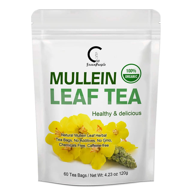 Package of Mullein Leaf Tea with yellow flowers and green text on a white background