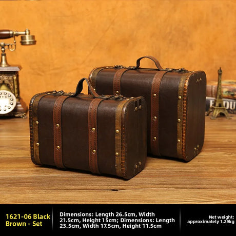 Two vintage-style brown suitcases on a wooden surface with product details at the bottom.