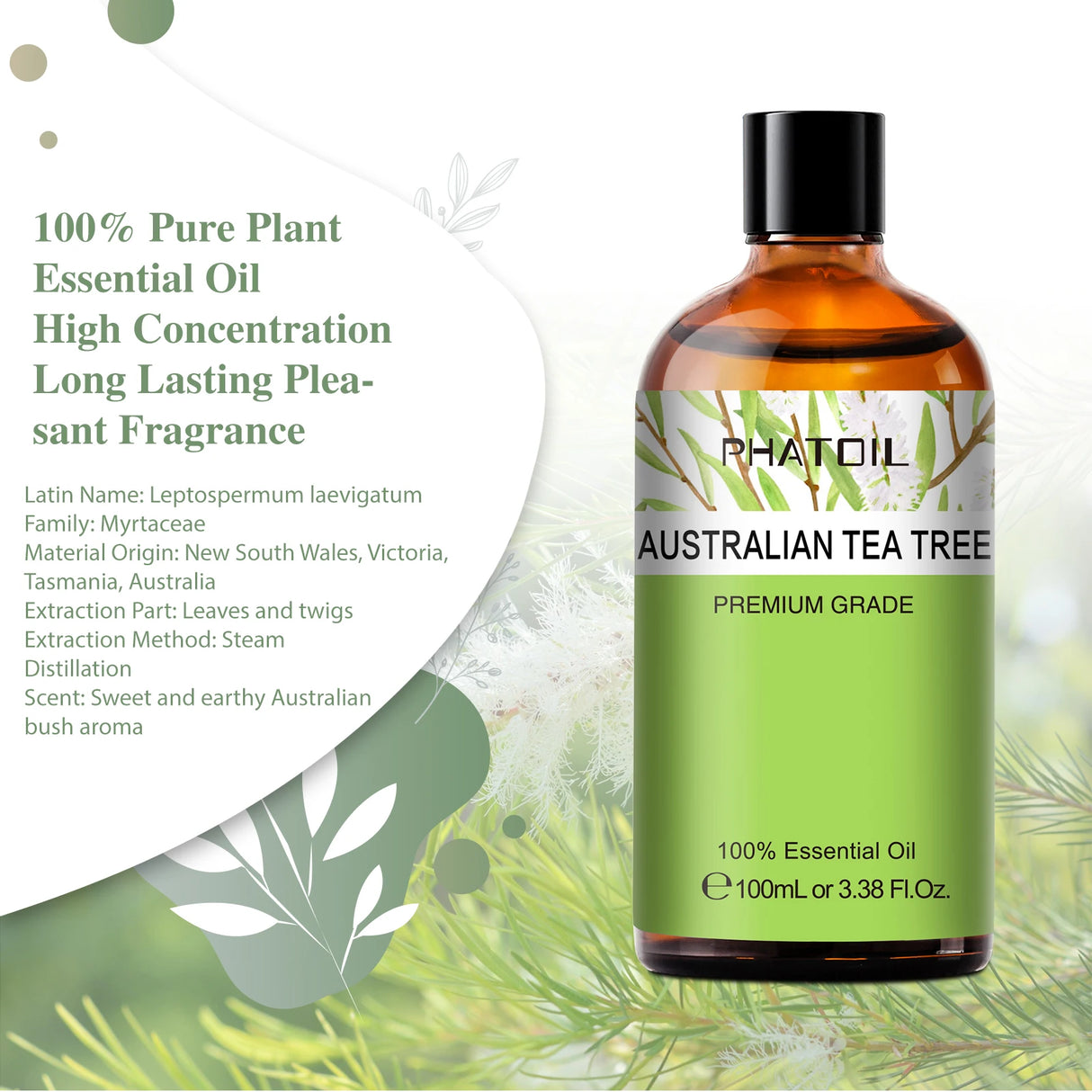 Bottle of Phatoil Australian Tea Tree essential oil with green and white background