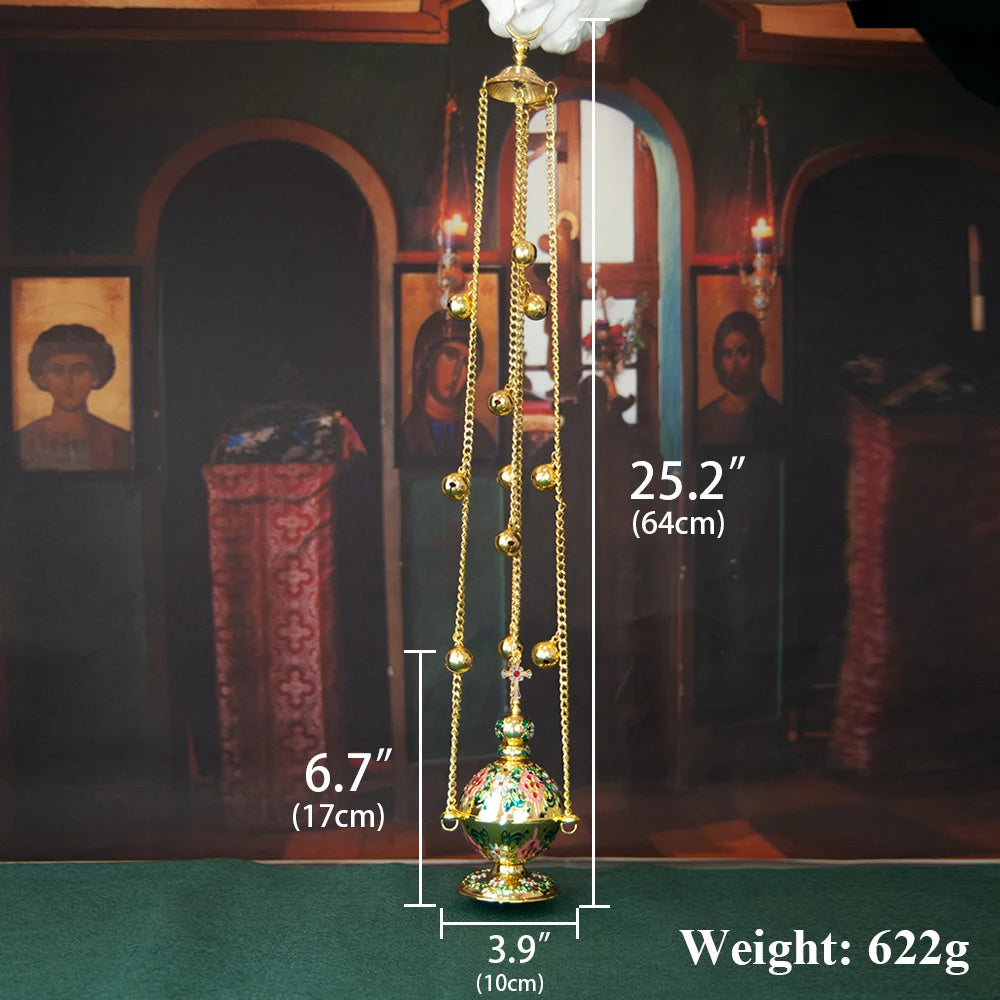Decorative gold lamp with measurements and weight displayed against a dark background.