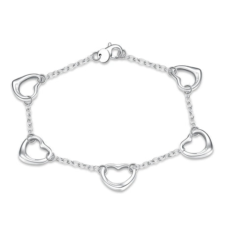 Silver bracelet with heart-shaped links on a white background