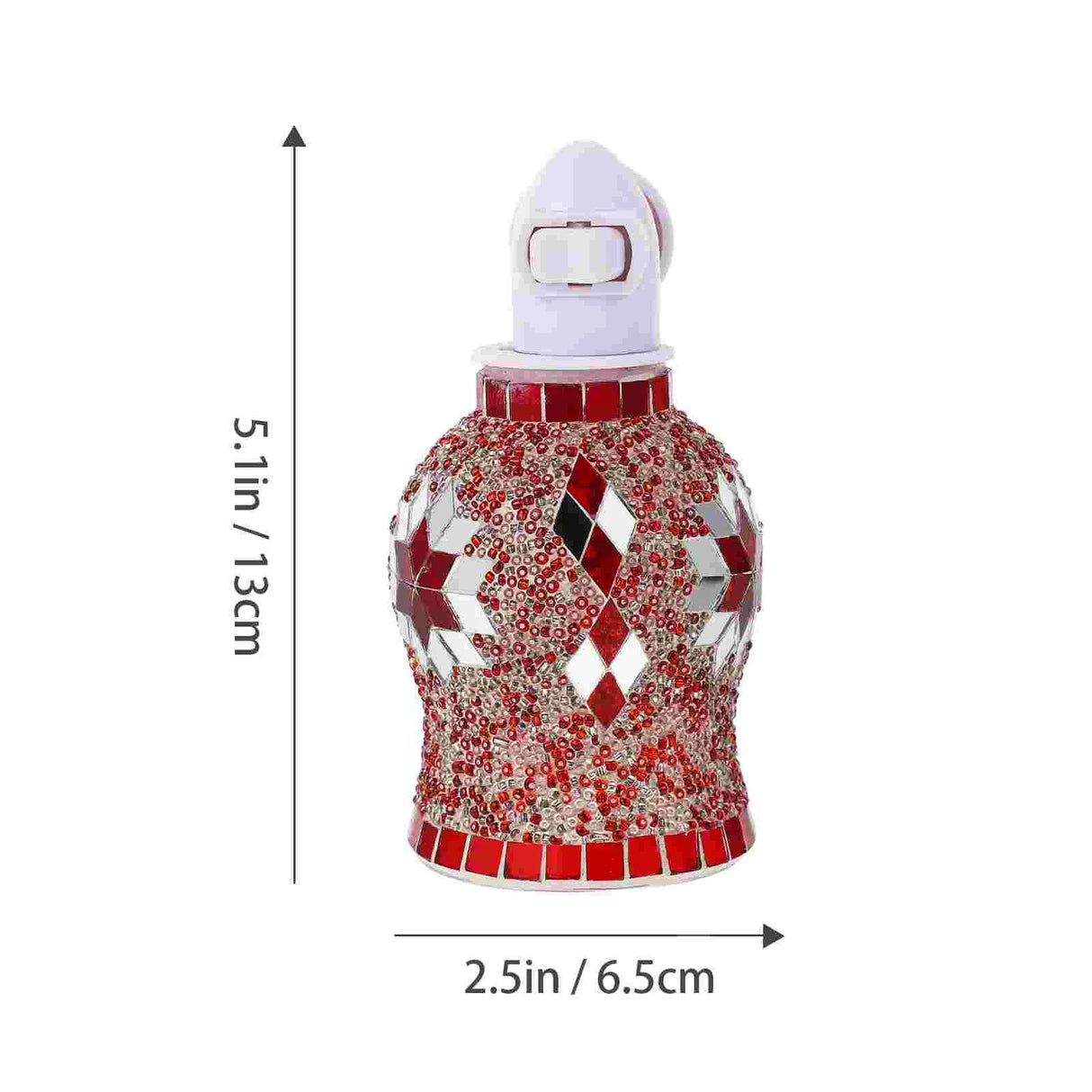 Decorative bottle with mosaic design and measurements on a white background