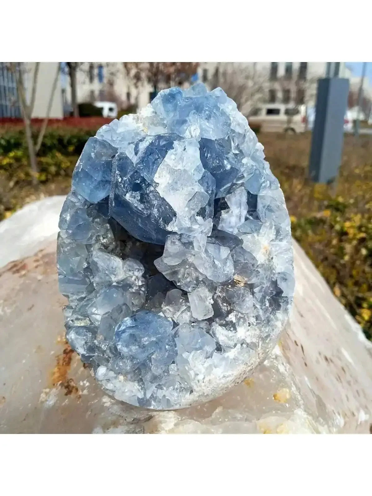 Crystal geode with blue and white crystals on a blurred outdoor background