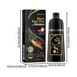 Black hair dye shampoo with packaging and dimensions on a white background
