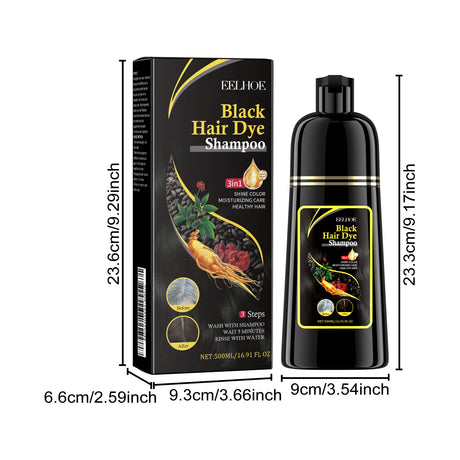 Black hair dye shampoo with packaging and dimensions on a white background