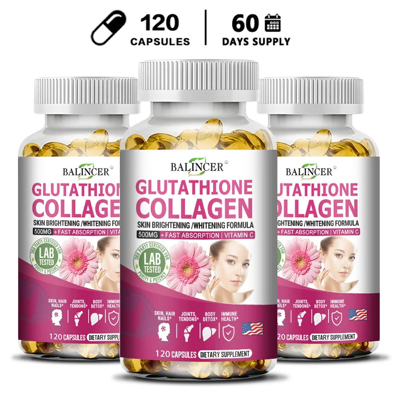 Three bottles of Balincer Glutathione Collagen supplement on a white background