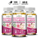 Three bottles of Balincer Glutathione Collagen supplement on a white background