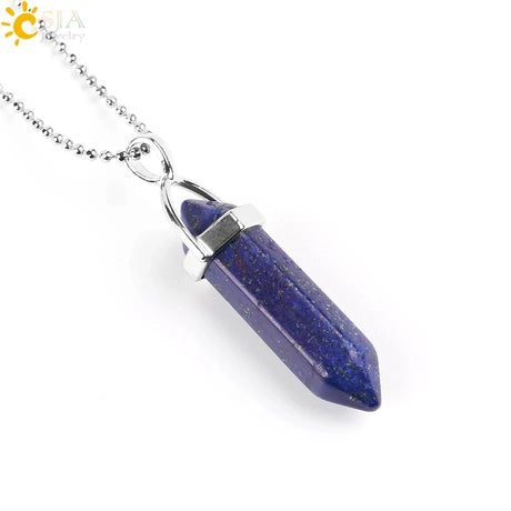 Blue stone pendant on a silver chain against a white background