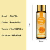 PHATOIL essential oil bottle with dimensions and product details on a beige background
