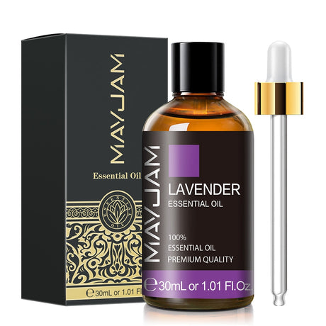 MayJam lavender essential oil bottle with dropper and packaging on a white background