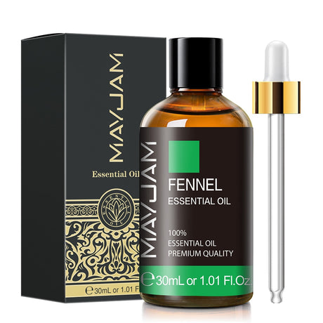 MayJam Fennel Essential Oil bottle with dropper and packaging on a white background