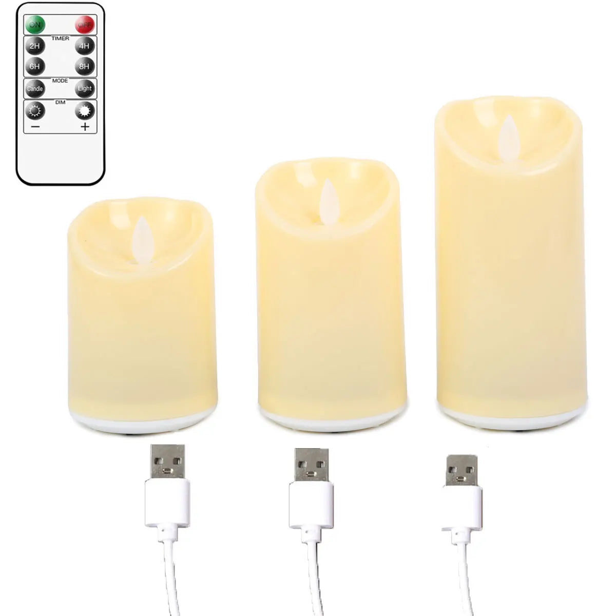 Three LED candles with USB connections and a remote control on a white background