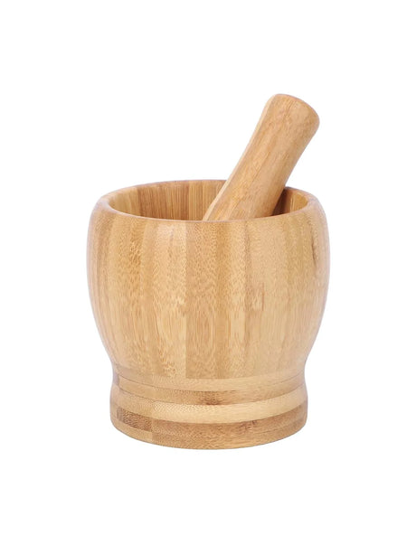 Wooden mortar and pestle on a white background