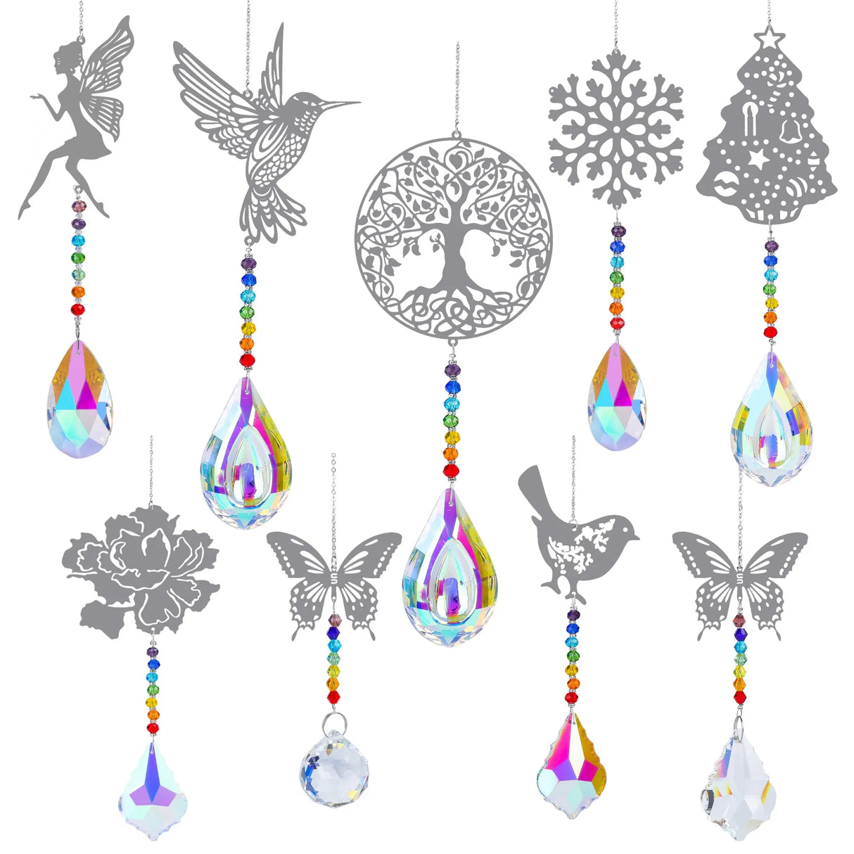 Set of decorative hanging items with crystal prisms, including fairies, hummingbirds, trees, snowflakes, and butterflies.