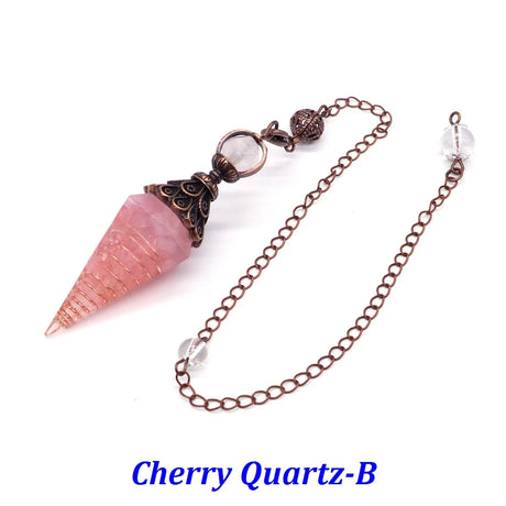 Pink crystal pendant with chain on a white background, labeled 'Cherry Quartz-B'.