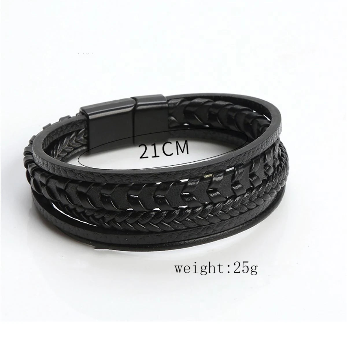 Black braided leather bracelet with magnetic clasp on a white background