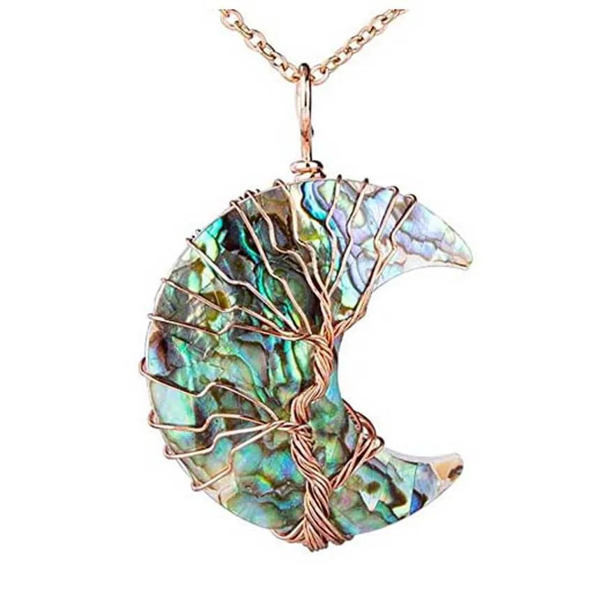 Tree of Life pendant with abalone shell and rose gold wire wrapping on a white background