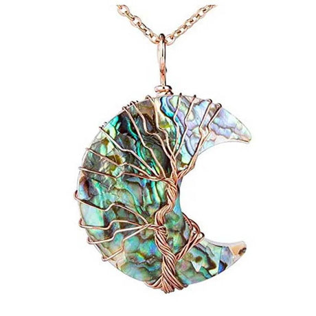 Tree of Life pendant with abalone shell and rose gold wire wrapping on a white background