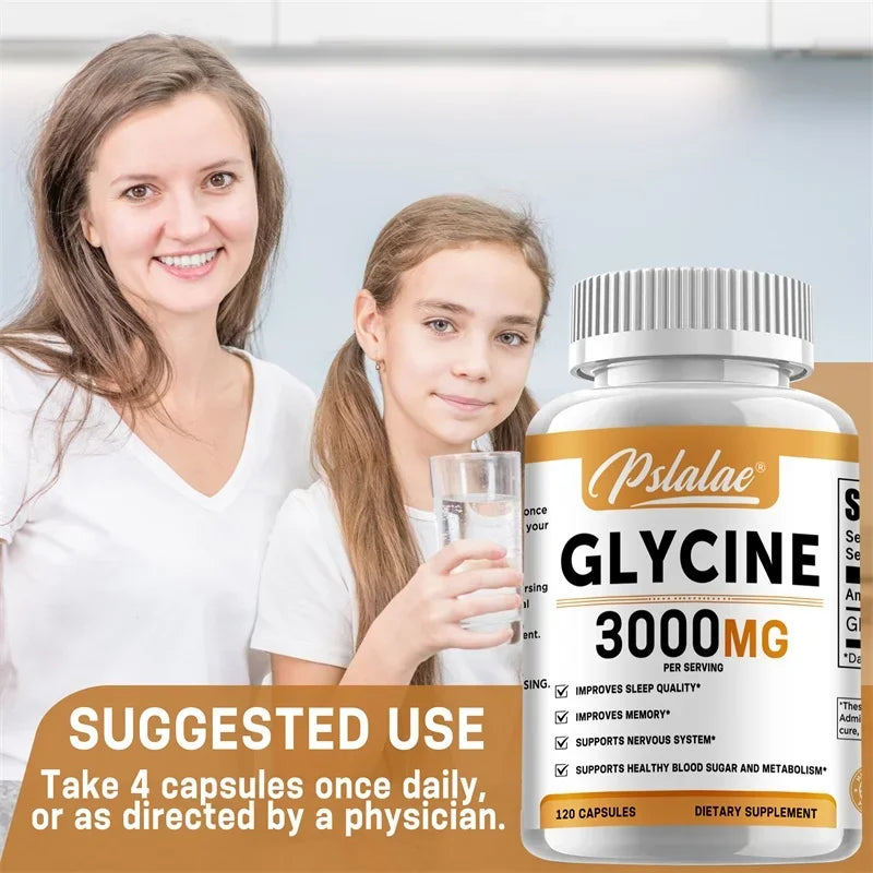 Woman and child with a bottle of Psalae Glycine 3000mg supplement.
