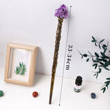 Decorative staff with amethyst crystal on a white surface with plants and a frame.