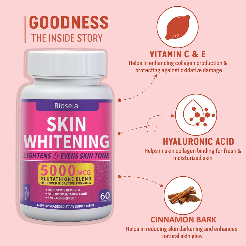 Biosela Skin Whitening supplement bottle with ingredients on a pink background