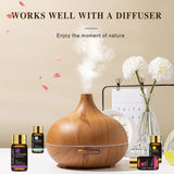 Wooden diffuser with essential oils and flowers on a table, with text 'Works well with a diffuser'.